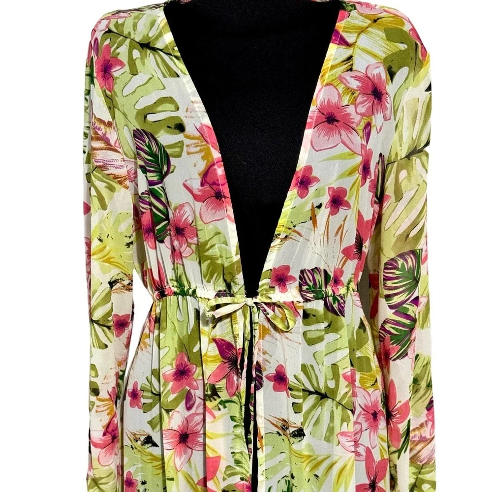 GOA Beachwear by Japna Drawstring Waist Floral Print Chiffon Coverup Robe‎ L
